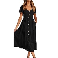 Women Button Down Layered Dress Summer Short Sleeve V Neck A-Line Dress Ruffle Casual High Waist Dress with Pockets