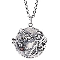 Vintage 925 Sterling Silver Dragon Tiger Yin Yang Pendant Necklace Feng Shui Jewelry for Men Women 60cm Chain