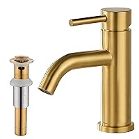 Single Handle Bathroom Faucet with Pop-Up Sink Drain Brushed Gold, Single Hole Bathroom Sink Faucet Stainless Steel, Modern Vanity Faucet Supply Utility Hose for Basin Lavatory Mixer Tap