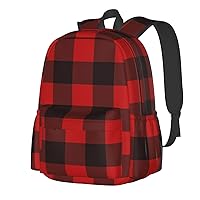 Plaid Red and Black Printed Casual Daypack with side mesh pockets Laptop Backpack Travel Rucksack for Men Women