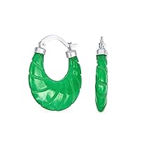 Scallop Green Jade Genuine Gemstone Carved Shell Shrimp Oval Green Jade Hoop Earrings For Women .925 Sterling Silver 1.2 Inch Diameter