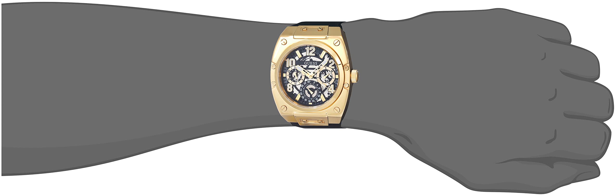 GUESS Men's 43mm Watch - Black Strap Black Dial Gold Tone Case
