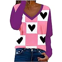 Valentines Day Women Color Block Shirts for Women Casual V Neck Long Sleeve Tops Cute Love Heart Print Blouses