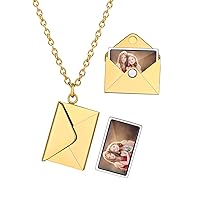 Custom4U Personalized Locket Necklace Envelope Love Letter Necklaces with Photo Message Engraved for Women Men Stainless Steel Pendant Necklace Jewelry Gifts for Couple Family Friend (with Gift Box)