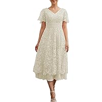 A-Line/Princess Elegant Mother of The Bride Dress V-Neck Tea-Length Wedding Guest Dress Whit Applique 2024 MZ035