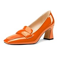 Castamere Womens Chunky Block Mid Heel Square Toe Pumps Slip-on Office Dress Patent Leather Loafers Shoes 2.8 Inches Heels