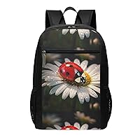 Ladybug Flower Print Simple Sports Backpack, Unisex Lightweight Casual Backpack, 17 Inches