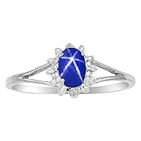 Rylos Rings For Women 14K White Gold - * Blue Star Sapphire & Diamond Ring - September Birthstone* 6X4MM Color Stone Gemstone Jewelry For Women Gold Ring