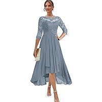 High Low Mother of The Bride Dresses for Wedding Tea Length Formal Dress with Sleeves Lace Evening Gowns