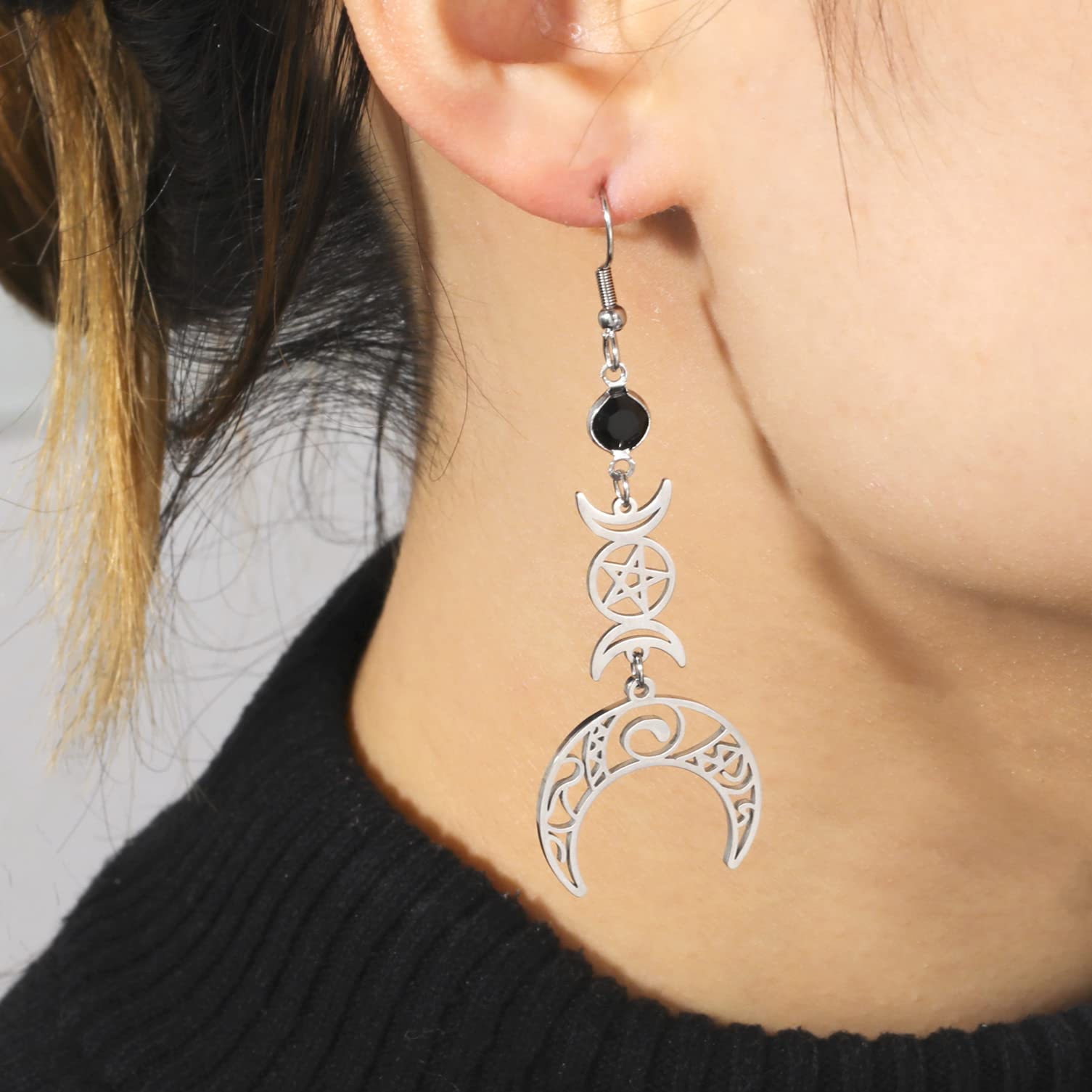 Triple Moon Goddess Pentagram Crescent Moon Pendant Earrings Amulet Wiccan Jewelry Stainless Steel Jewelry Gift Girl Woman