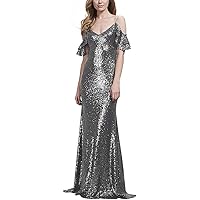 Long Ruffled V-Neck Bridesmaid Dresses Mermaid Maxi Sequined Formal Gowns for Women