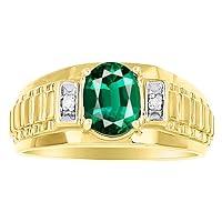 Rylos Mens Rings 14K Yellow Gold - Mens Simulated Emerald & Diamond Ring Band Role X Design 8X6MM Color Stone Gemstone Rings For Men Mens Jewelry Gold Rings