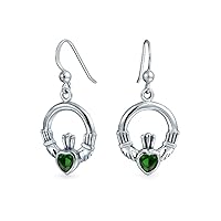 Friendship BFF Simulated Green Emerald Red Garnet CZ Heart Circle Irish Love Symbol Celtic Claddagh Dangle Earrings For Women Girlfriend Oxidized .925 Sterling Silver Fish Hook