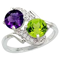 14k White Gold Diamond Natural Amethyst & Peridot Mother's Ring Round 7mm, Size 6