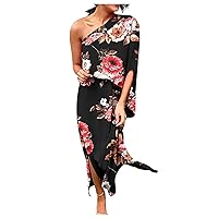 Plus Size Maxi Dress, Women's Sexy One Shoulder Slit Hem Floral Short Sleeve Loose Casual Dress