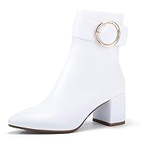 IDIFU Women Dressy Chunky Heel Ankle Boots Pointed Toe Metal Ring Zipper Short Booties -Need Half Size UP