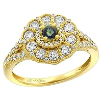 14k Yellow Gold Genuine Diamond & Color Gem Flower Halo Engagement Ring Round Brilliant cut 3mm, size 5-10