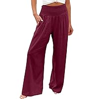 ZunFeo Womens Wide Leg Summer Linen Pants Pleated Waist Palazzo Pants Loose Fit Stretch Casual Summer Resort Clothing 2023