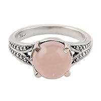 NOVICA Artisan Handmade Rose Quartz Singlestone Ring Crafted India .925 Sterling Silver Cocktail Birthstone Gemstone 'Gleaming Pink'