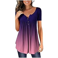 Plus Size Blouses,Tunic Summer Gradient Loose Short Sleeve Shirt Sexy Printed Button V-Neck Trendy Tees