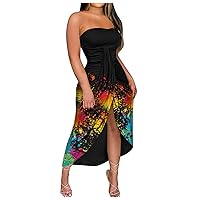 Women Bohemian Floral Split Hem Ruched Bandeau Dress Summer Fashion Sleeveless Strapless Beach High-Low Dresse