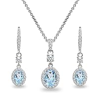 B. BRILLIANT Sterling Silver Genuine or Synthetic Gemstone Oval Halo Pendant Necklace & Dangle Earrings Jewelry Set for Women Girls with Box