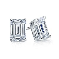 Vintage Moissanite Stud Earring For Wedding, Anniversary 2.00 CTTW Emerald Cut Moissanite Push Back Stud Earring In 14K White Gold And 925 Sterling Silver