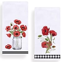 Watercolor Poppy Flower Kitchen Dish Towel 18 x 28 Inch Set of 2, Spring Summer Floral Tea Towels Dish Cloth for Cooking Baking
