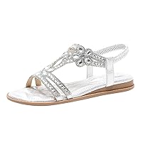 Sandals for Women Casual Summer Flat, Bohemia Bling Rhinestones Open Toe Cutout Beach Slippers Vintage Leather Sandals