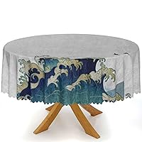 Japanese Wave Printed Round Tablecloth,Wipeable Spill proof Anti-Shrink Soft and Wrinkle Resistant,Washable,Reusable TableCloths,for Kitchen Party Dinner Table top Decoration（70 Inch，Cream Grey Blue）