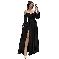 Women's Bridesmaid Dresses with Long Sleeves Spaghetti Strap Split Ruched Wedding Guest Dress with Pockets