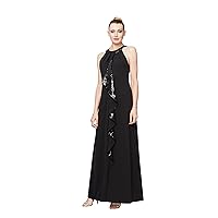 S.L. Fashions Women's Long Halter Neckline Crepe Gown w Cascade Ruffle, Mother of The Bride Dress (Petite and Regular Sizes), Black Sequin, 14P