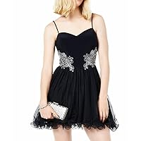 Blondie Womens Black Embellished Floral Sleeveless Halter Short Fit + Flare Party Dress Size 9