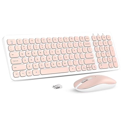 Wireless Keyboard Mouse Combo, cimetech Compact Full Size Wireless Keyboard and Mouse Set Less Noise Keys 2.4G Ultra-Thin Sleek Design for Windows, Computer, PC, Notebook, Laptop - Bright Pink