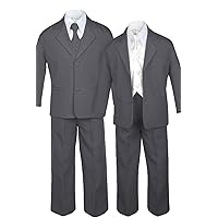 7pc Formal Boy Dark Gray Suits Extra Satin Ivory Vest Necktie Set S-20 (20)