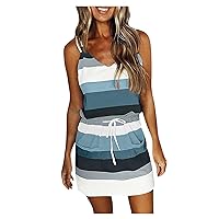 NBXNZWF Sundresses for Women 2024 Summer Trendy Boho Casual Loose Sling Sleeveless Stripe Colors Drawstring Mini Beach Dress