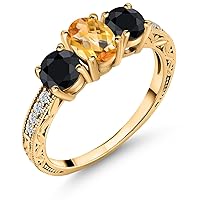 Gem Stone King 2.23 Ct Oval Checkerboard Yellow Citrine Black Sapphire 18K Yellow Gold Plated Silver Ring