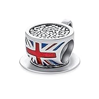 Travel Tourism England France Words Heart I Love Paris London Piccadilly Double Decker Bus Vacation British Flag Tea Cup Charm Bead For Women Teen Enamel .925 Sterling Silver Fit European Bracelet