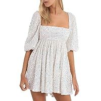 Ladies' Loose Sequined Casual Style Round Neck Short Sleeve Solid Color Dress Reception Sequined Dress Elegant