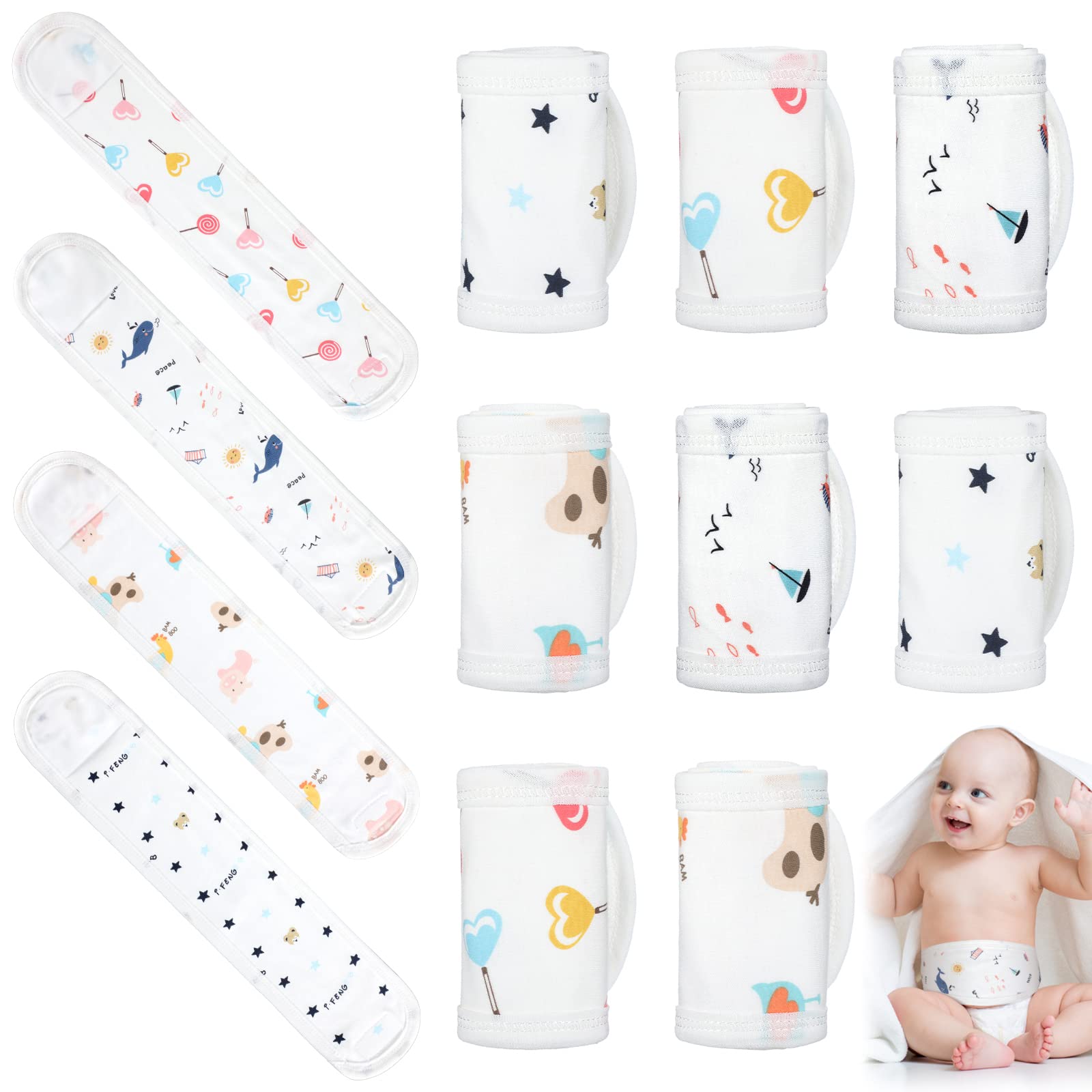 8 Pcs Cartoon Cotton Baby Infant Umbilical Cord Belly Bands Baby Belly Protector Baby Belly Button Band Baby Bellies Umbilical Hernia Belt Soft Newborn Navel Belt for 0-12 Months Babies, 4 Styles