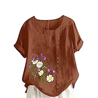 Women's Cotton Linen Blouses Dressy Casual Short Sleeve Summer Tops Loose Fit Short Sleeve Crewneck Printed Tshirts Plus Size