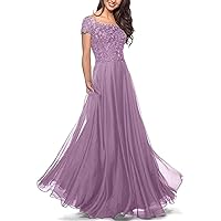 Mother of The Bride Dresses Lace Ruffles Wedding Guest Dress Short Sleeves Mother of The Groom Dresses Long Scoop Dusty Purple