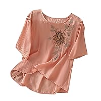 Women's Embroidery Floral Tee Tops Summer Crew Neck Short Sleeve Shirts Casual Loose Fit Lightweight Pullover Tees