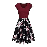 YMING Womens 1950s Vintage Floral Print Wrap Dress A Line Flared Swing Dress Cocktail Party Pleated Dresses