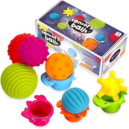 Lemostaar 6pc Sensory Balls for Baby - Textured Multi Ball Set for Babies & Toddlers, Squeezy Tactile Sensory Toys with Stacking Cup, Montessori Infant Baby Toys