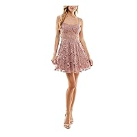 Womens Pink Zippered Lined Illusion Bodice Padded Cups Sleeveless Sweetheart Neckline Mini Prom Fit + Flare Dress Juniors 0
