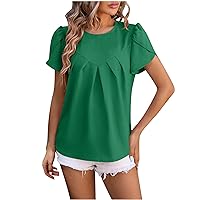 Women's Summer Petal Sleeve Tops Casual Dressy Shirts Fashion Pleated Business Blouses Solid Lightweight Tunic Top