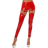ACSUSS Womens Glossy Patent Leather Mini Skirt with Garter Clips Thigh Cutout Tights Leggings Sexy Clubwear