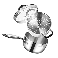 3.5 Quart Stainless Steel Saucepan with Steamer, Tri-Ply Full Body Small Multipurpose Pot with Pour Spout,Strainer Glass Lid, 3 Qt Sauce Pan for Cooking with Stay-cool Handle.