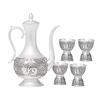 999 Sterling Silver Sake Cup of Front and Reverse Side Dual-purpose and Wine Flagon, Handmade Blessing Pattern Drinkware Set, 5 piece set